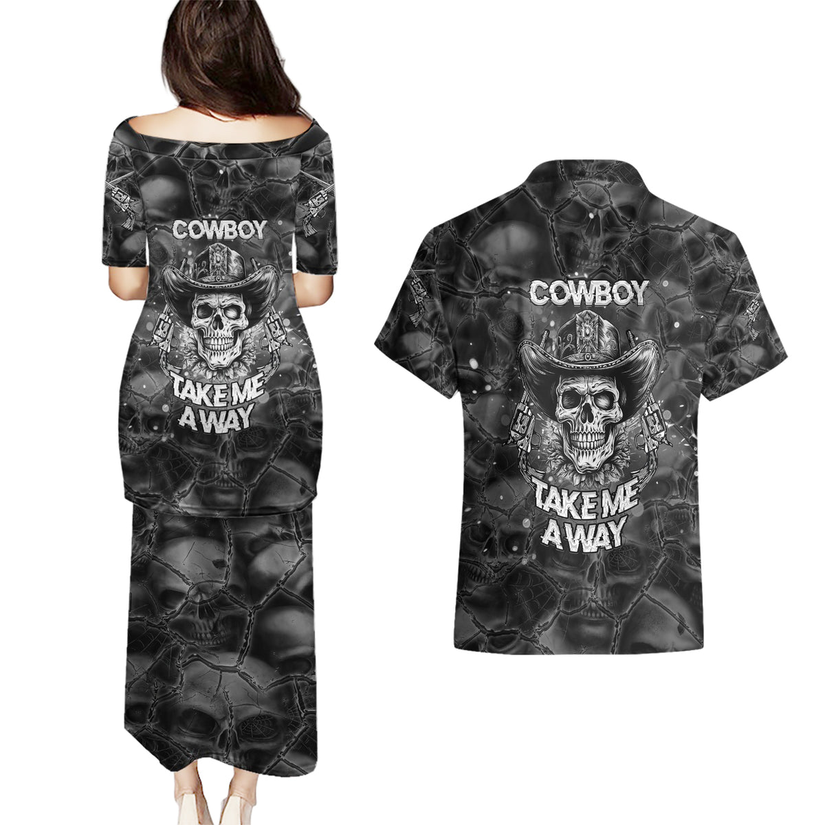 Cowboy Skull Couples Matching Puletasi Dress and Hawaiian Shirt Cowboy Take Me Away - Wonder Print Shop
