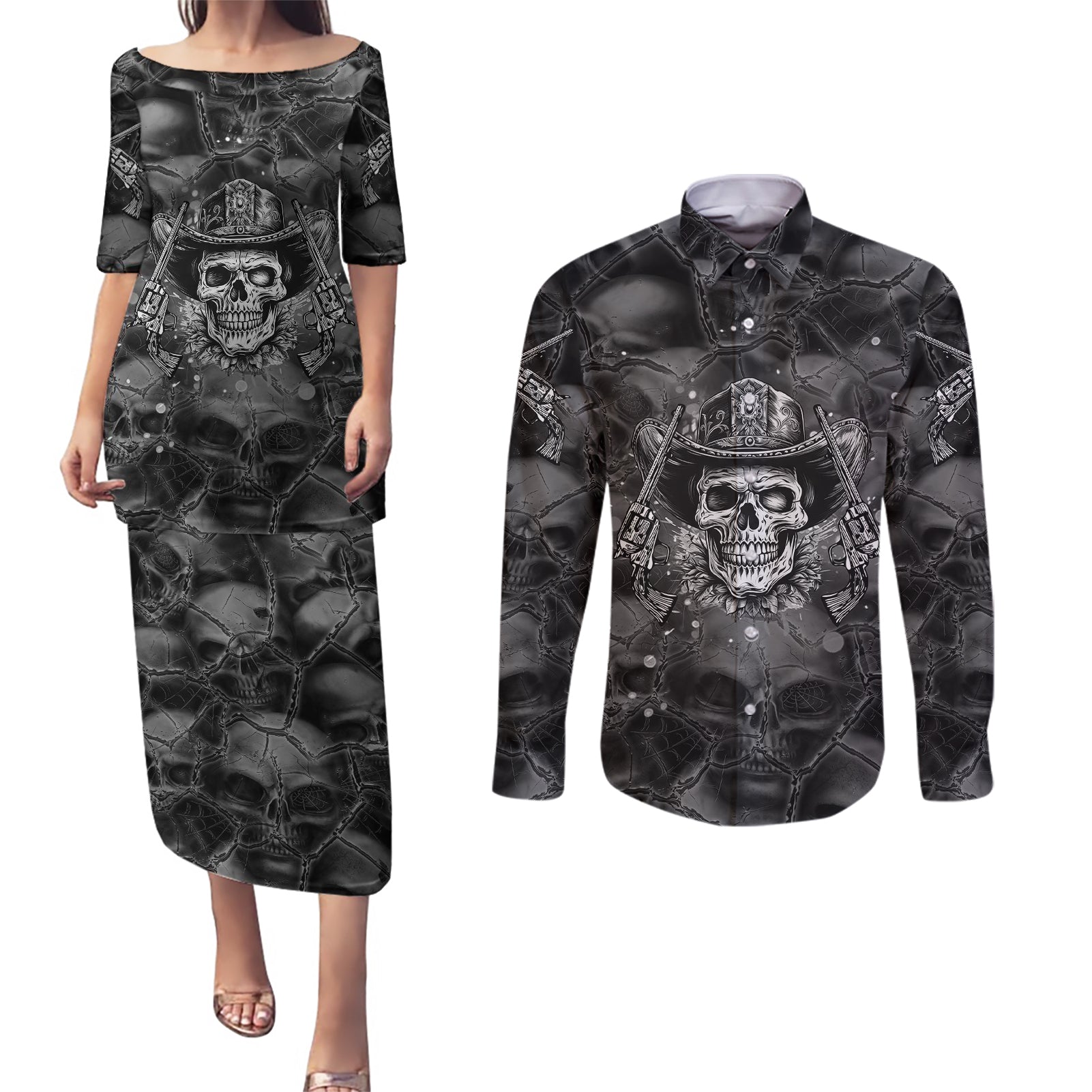 Cowboy Skull Couples Matching Puletasi Dress and Long Sleeve Button Shirts Cowboy Take Me Away - Wonder Print Shop