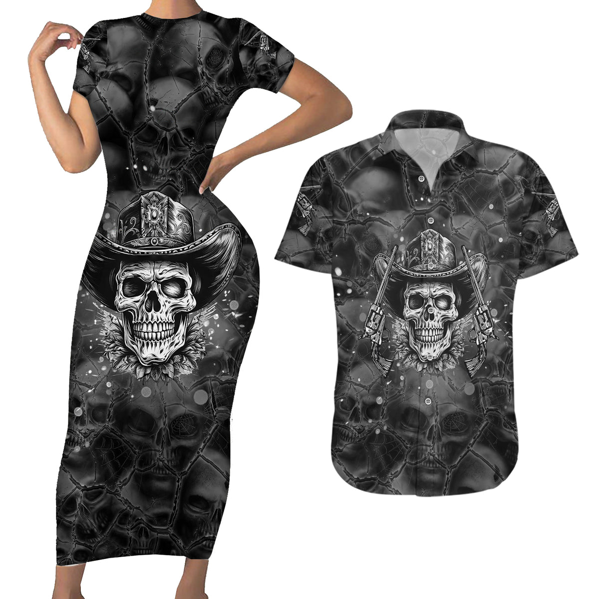 Cowboy Skull Couples Matching Short Sleeve Bodycon Dress and Hawaiian Shirt Cowboy Take Me Away - Wonder Print Shop