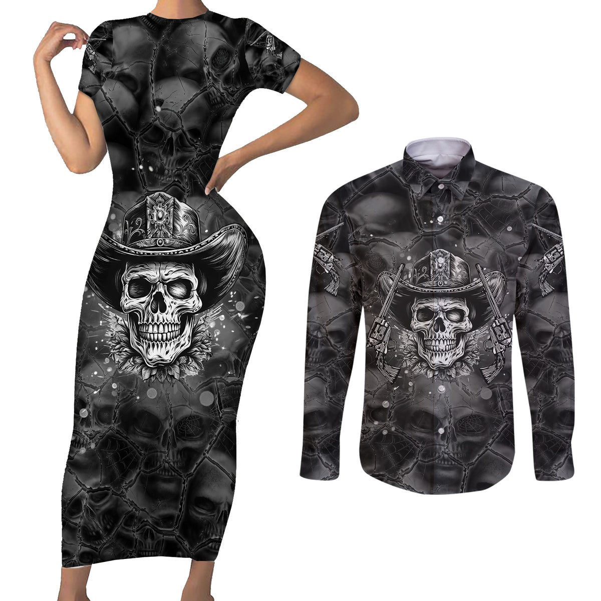 Cowboy Skull Couples Matching Short Sleeve Bodycon Dress and Long Sleeve Button Shirts Cowboy Take Me Away - Wonder Print Shop