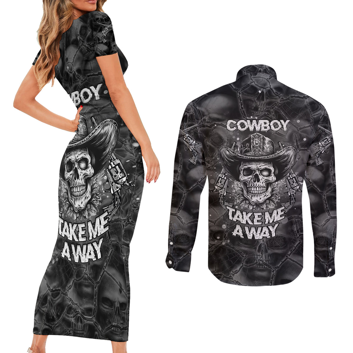 Cowboy Skull Couples Matching Short Sleeve Bodycon Dress and Long Sleeve Button Shirts Cowboy Take Me Away - Wonder Print Shop