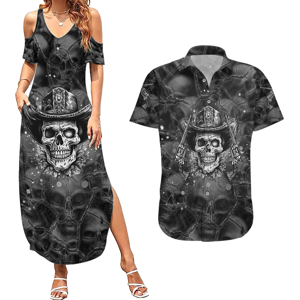Cowboy Skull Couples Matching Summer Maxi Dress and Hawaiian Shirt Cowboy Take Me Away - Wonder Print Shop