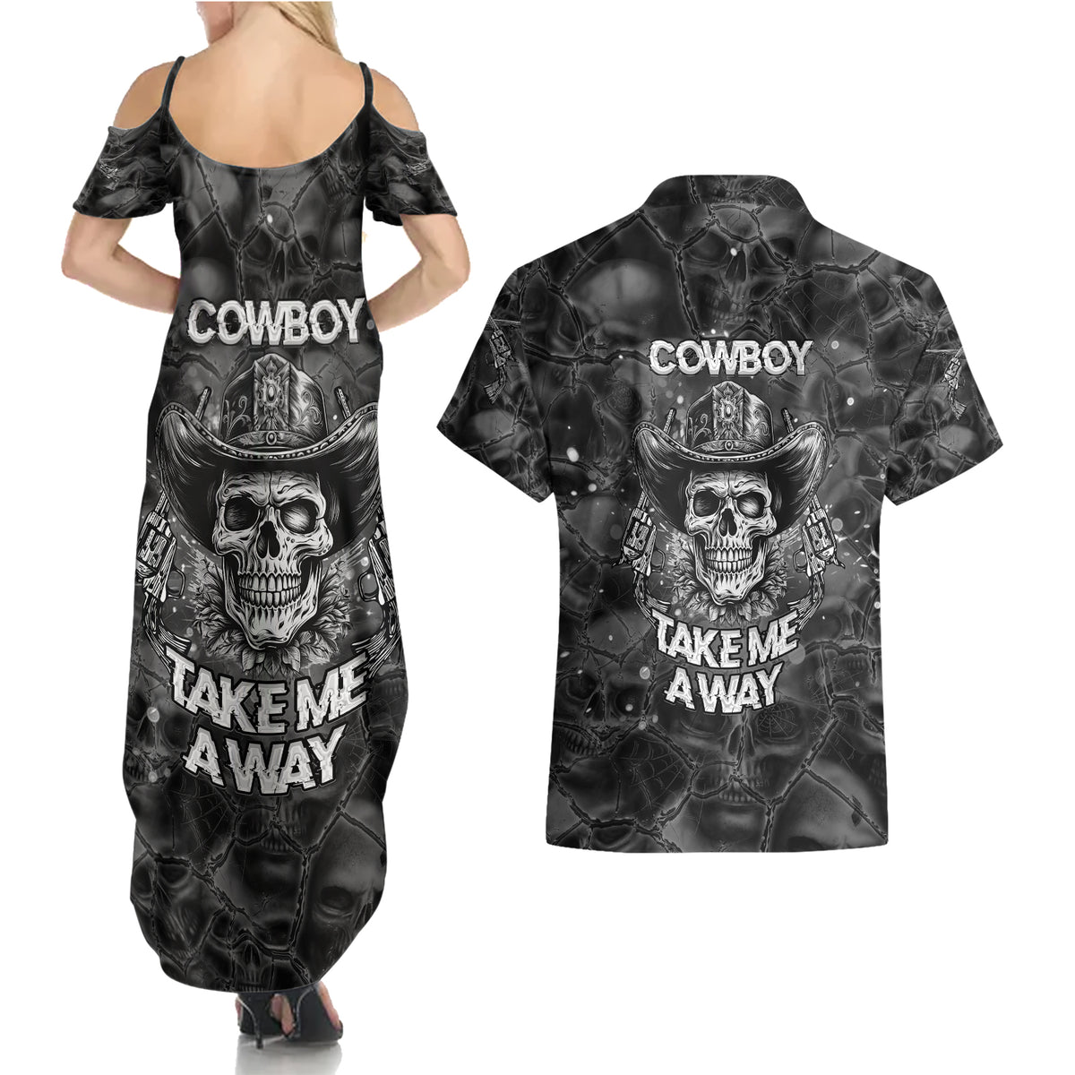 Cowboy Skull Couples Matching Summer Maxi Dress and Hawaiian Shirt Cowboy Take Me Away - Wonder Print Shop