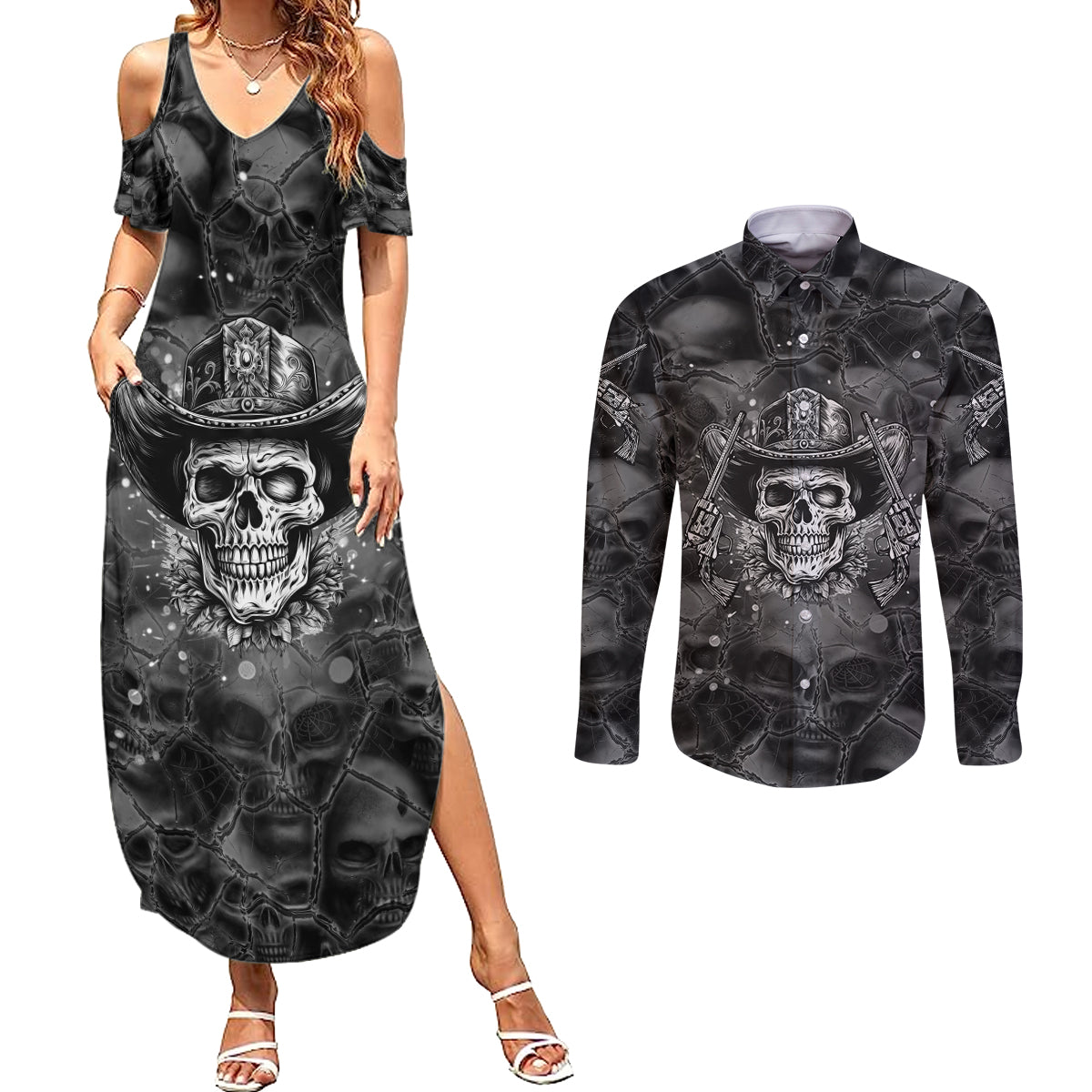 Cowboy Skull Couples Matching Summer Maxi Dress and Long Sleeve Button Shirts Cowboy Take Me Away - Wonder Print Shop