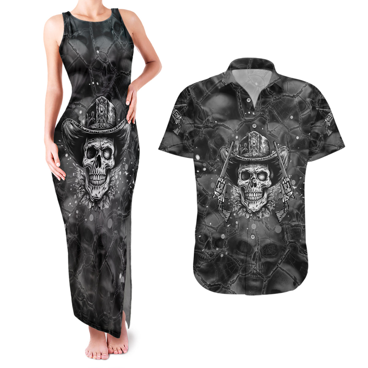 Cowboy Skull Couples Matching Tank Maxi Dress and Hawaiian Shirt Cowboy Take Me Away - Wonder Print Shop