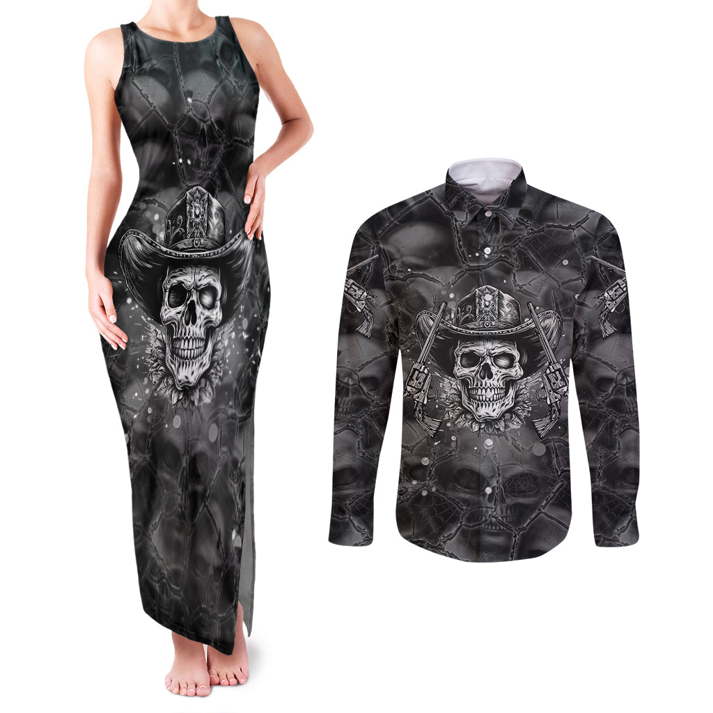 Cowboy Skull Couples Matching Tank Maxi Dress and Long Sleeve Button Shirts Cowboy Take Me Away - Wonder Print Shop