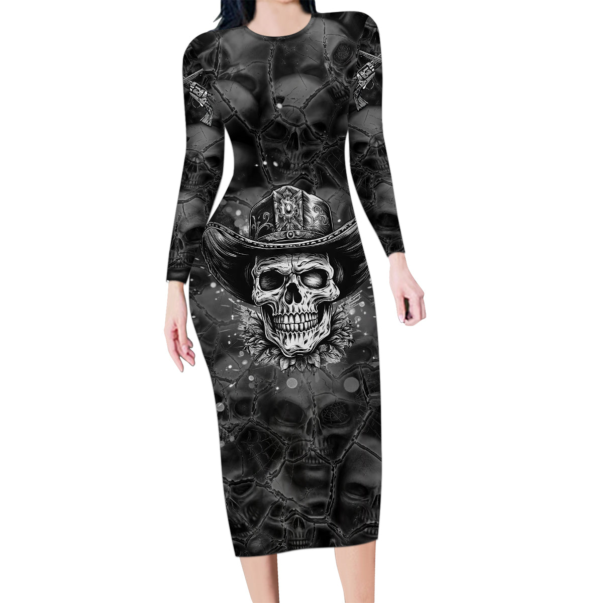 Cowboy Skull Family Matching Long Sleeve Bodycon Dress and Hawaiian Shirt Cowboy Take Me Away - Wonder Print Shop