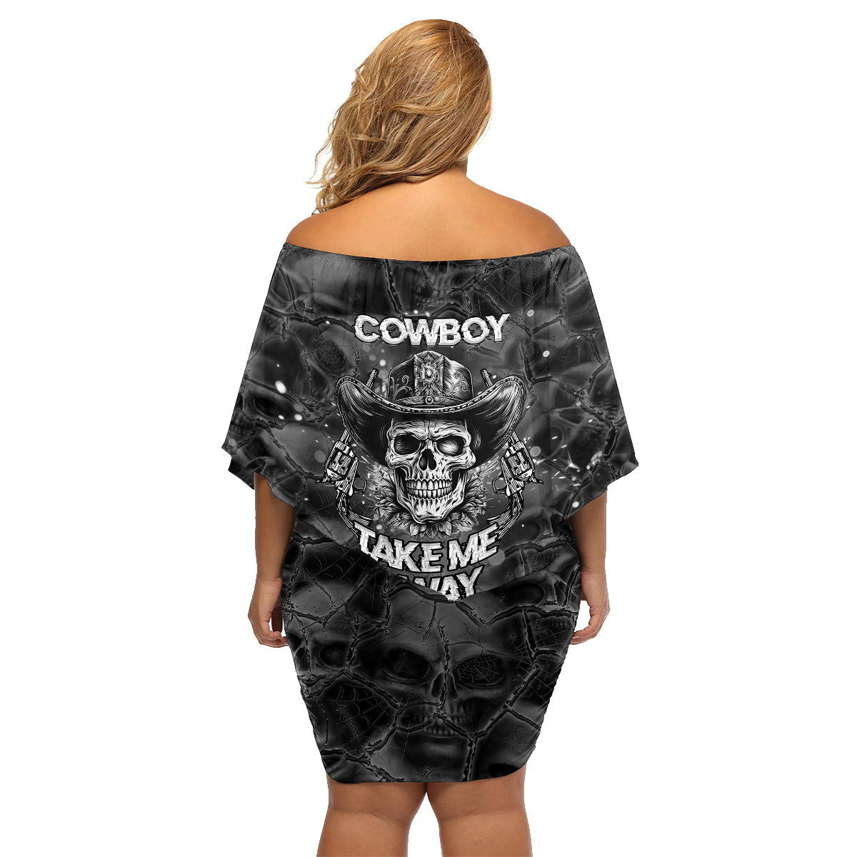Cowboy Skull Family Matching Off Shoulder Short Dress and Hawaiian Shirt Cowboy Take Me Away - Wonder Print Shop
