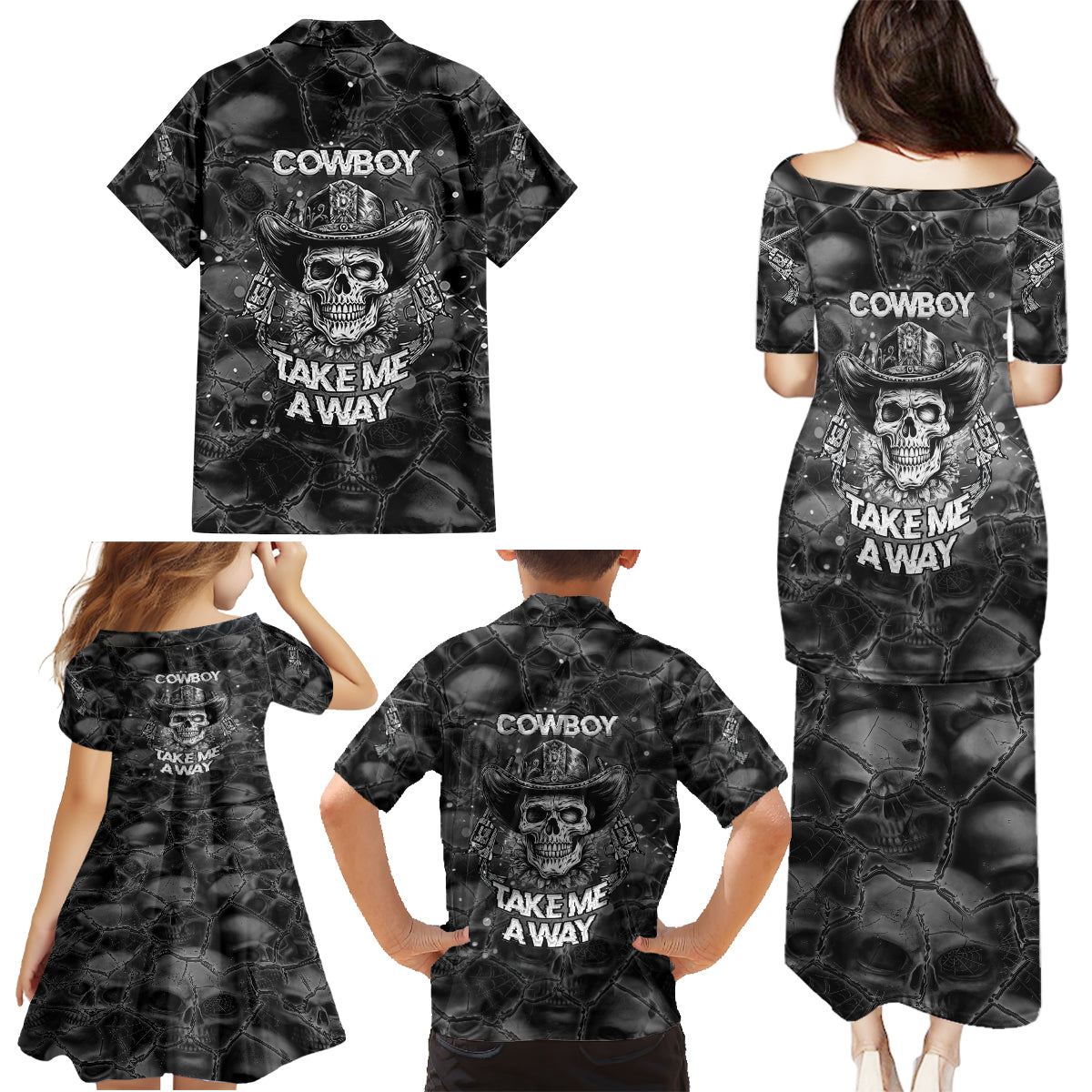 Cowboy Skull Family Matching Puletasi Dress and Hawaiian Shirt Cowboy Take Me Away - Wonder Print Shop