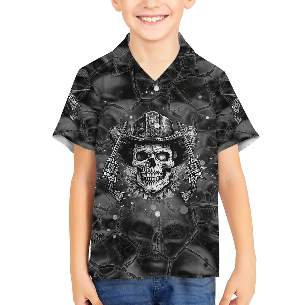 Cowboy Skull Family Matching Short Sleeve Bodycon Dress and Hawaiian Shirt Cowboy Take Me Away - Wonder Print Shop