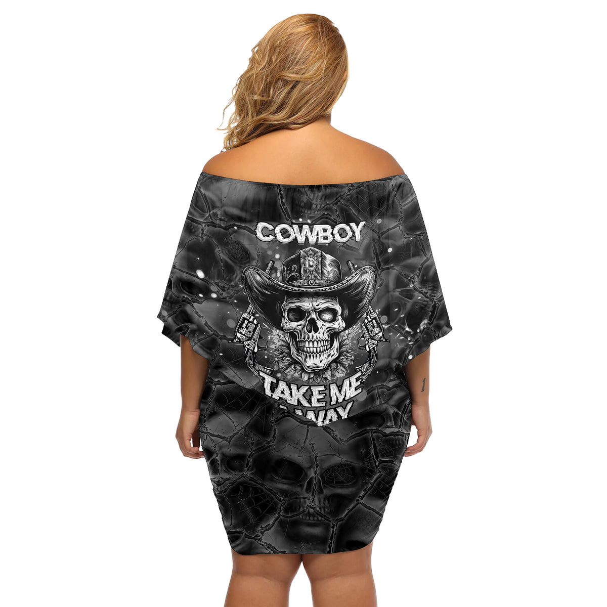 Cowboy Skull Off Shoulder Short Dress Cowboy Take Me Away - Wonder Print Shop