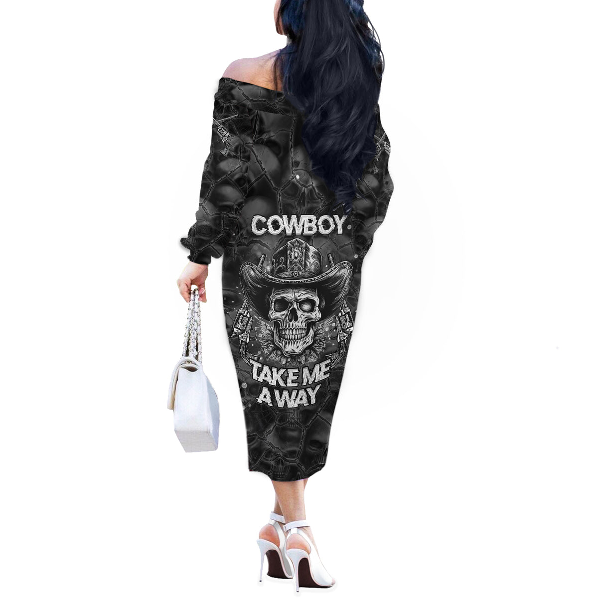 Cowboy Skull Off The Shoulder Long Sleeve Dress Cowboy Take Me Away - Wonder Print Shop