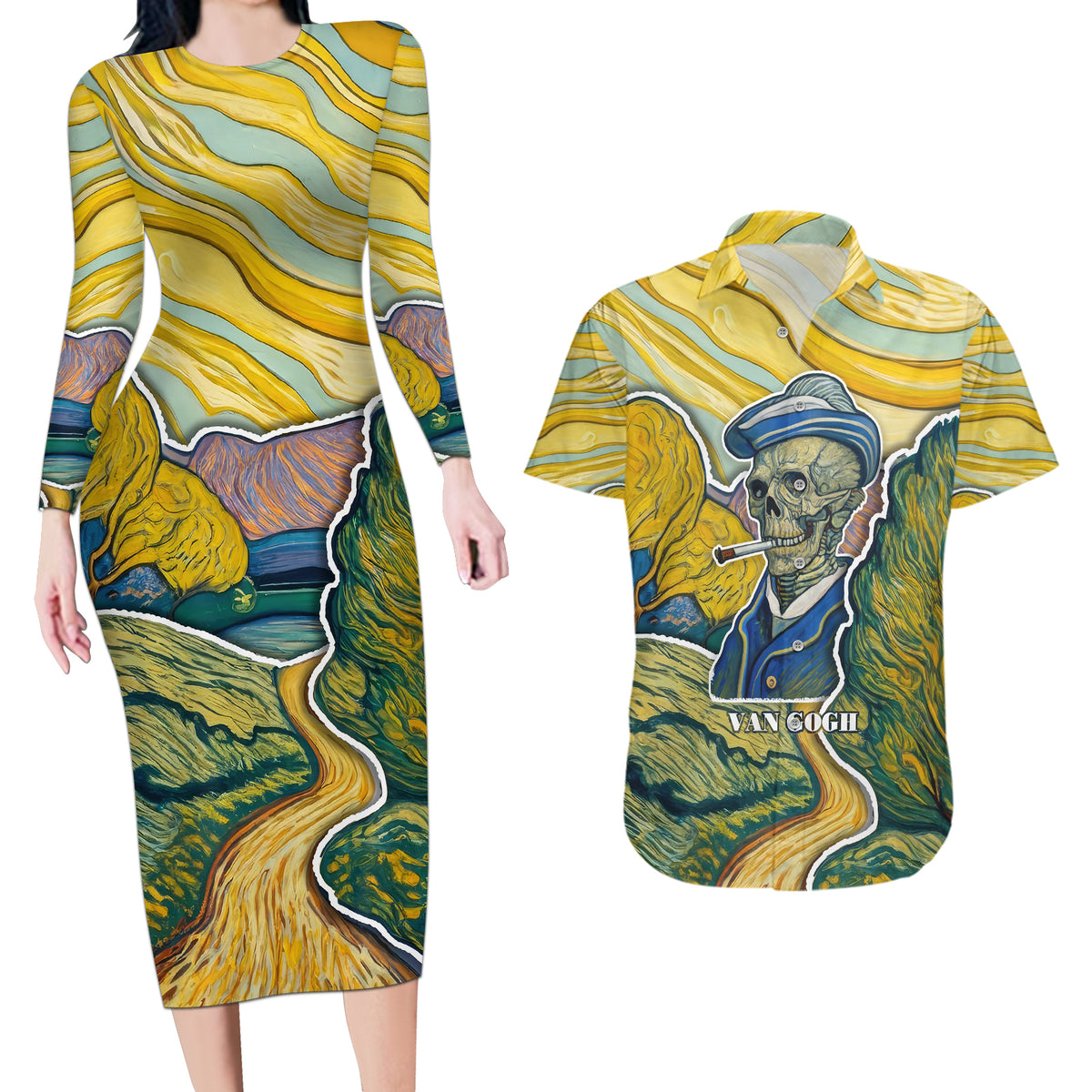 Vincent Van Gogh Skull Couples Matching Long Sleeve Bodycon Dress and Hawaiian Shirt - Wonder Print Shop