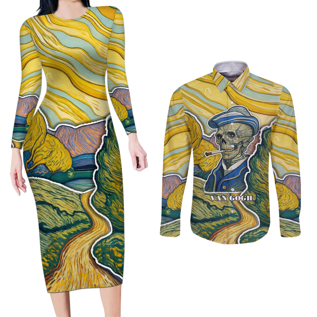 Vincent Van Gogh Skull Couples Matching Long Sleeve Bodycon Dress and Long Sleeve Button Shirts - Wonder Print Shop