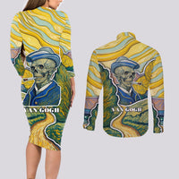 Vincent Van Gogh Skull Couples Matching Long Sleeve Bodycon Dress and Long Sleeve Button Shirts - Wonder Print Shop