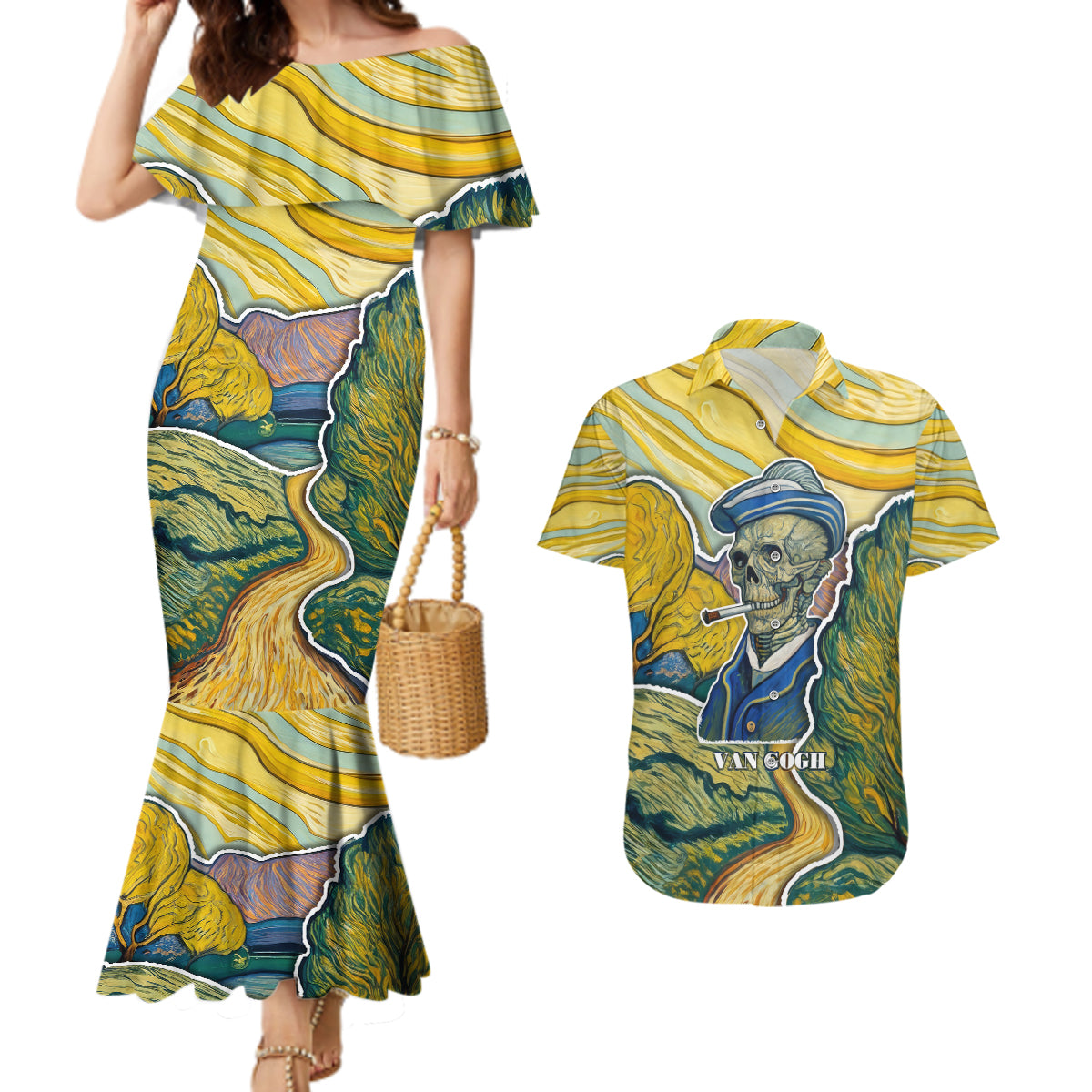 Vincent Van Gogh Skull Couples Matching Mermaid Dress and Hawaiian Shirt - Wonder Print Shop