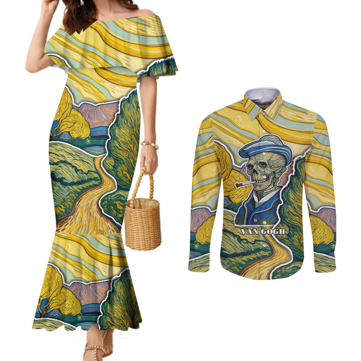 vincent-van-gogh-skull-couples-matching-mermaid-dress-and-long-sleeve-button-shirts