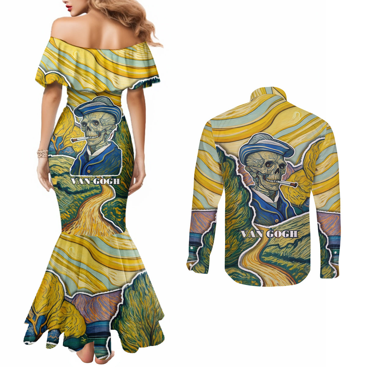 vincent-van-gogh-skull-couples-matching-mermaid-dress-and-long-sleeve-button-shirts