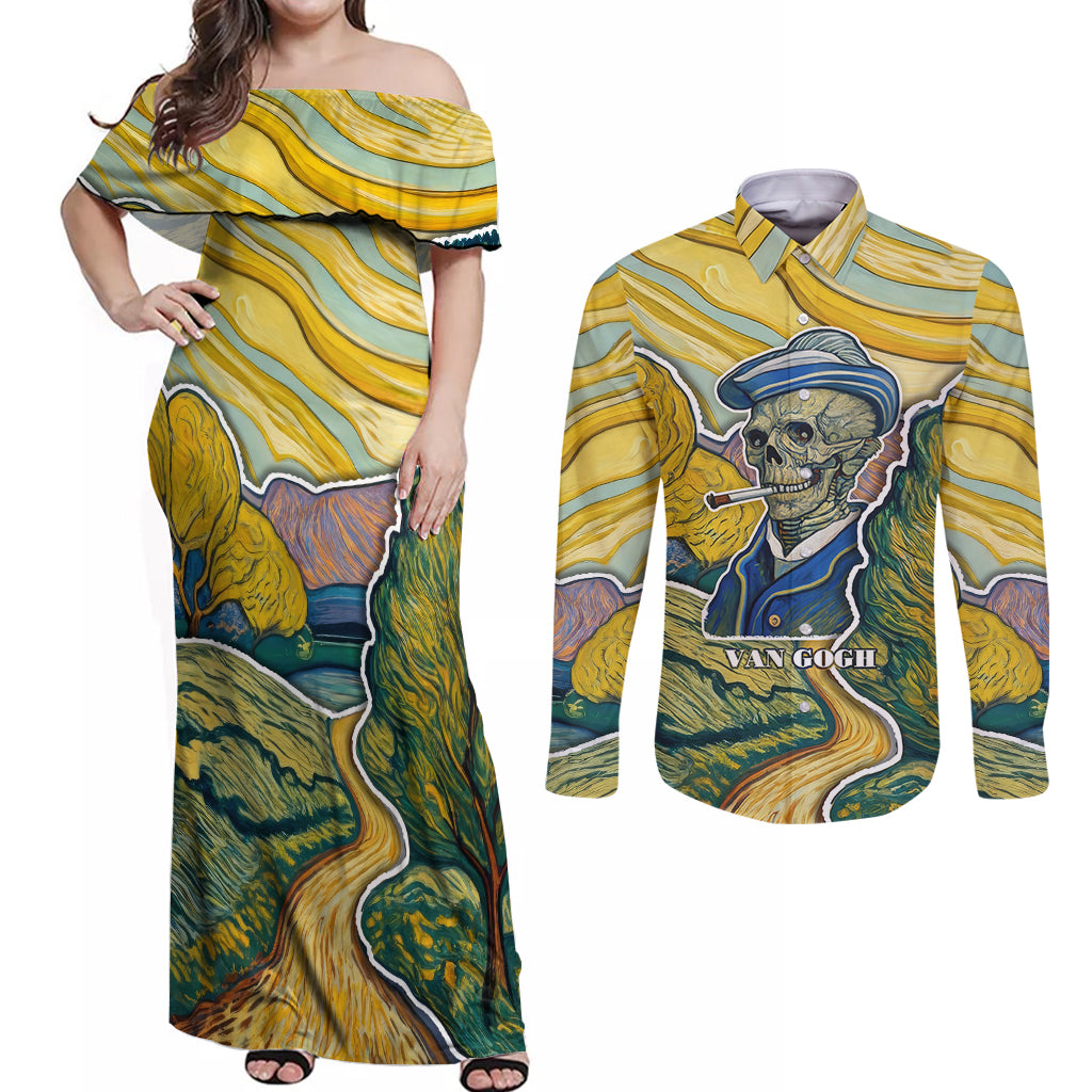 Vincent Van Gogh Skull Couples Matching Off Shoulder Maxi Dress and Long Sleeve Button Shirts - Wonder Print Shop