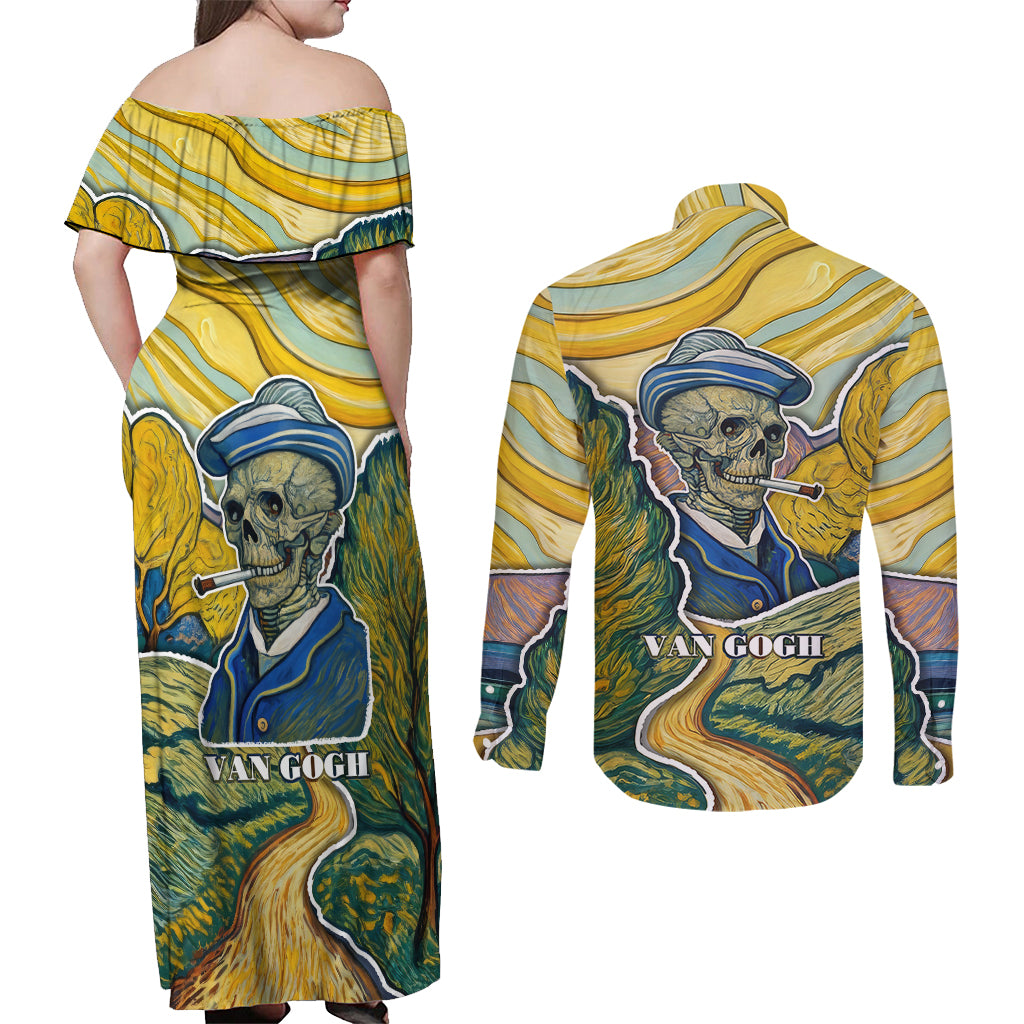 Vincent Van Gogh Skull Couples Matching Off Shoulder Maxi Dress and Long Sleeve Button Shirts - Wonder Print Shop
