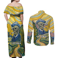 Vincent Van Gogh Skull Couples Matching Off Shoulder Maxi Dress and Long Sleeve Button Shirts - Wonder Print Shop