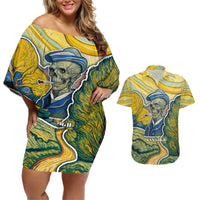 Vincent Van Gogh Skull Couples Matching Off Shoulder Short Dress and Hawaiian Shirt - Wonder Print Shop