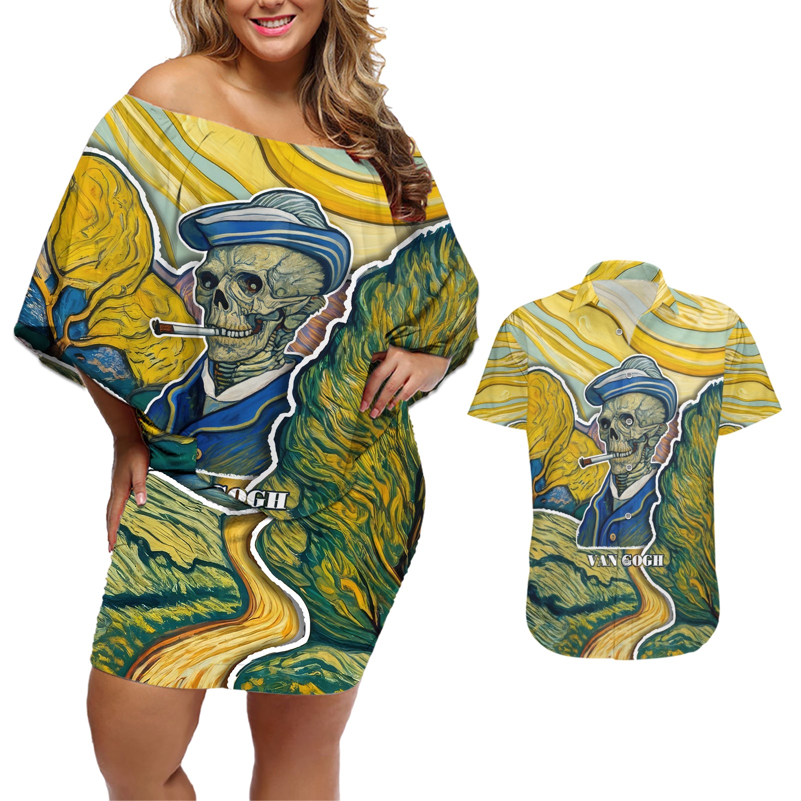 Vincent Van Gogh Skull Couples Matching Off Shoulder Short Dress and Hawaiian Shirt - Wonder Print Shop
