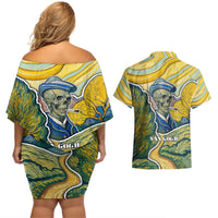 Vincent Van Gogh Skull Couples Matching Off Shoulder Short Dress and Hawaiian Shirt - Wonder Print Shop