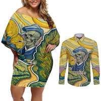 Vincent Van Gogh Skull Couples Matching Off Shoulder Short Dress and Long Sleeve Button Shirts - Wonder Print Shop