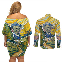 Vincent Van Gogh Skull Couples Matching Off Shoulder Short Dress and Long Sleeve Button Shirts - Wonder Print Shop