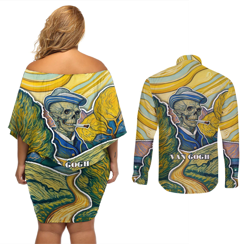 Vincent Van Gogh Skull Couples Matching Off Shoulder Short Dress and Long Sleeve Button Shirts - Wonder Print Shop