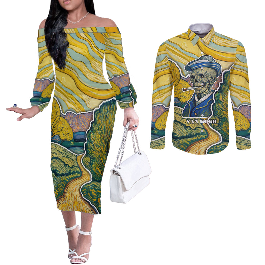 vincent-van-gogh-skull-couples-matching-off-the-shoulder-long-sleeve-dress-and-long-sleeve-button-shirts