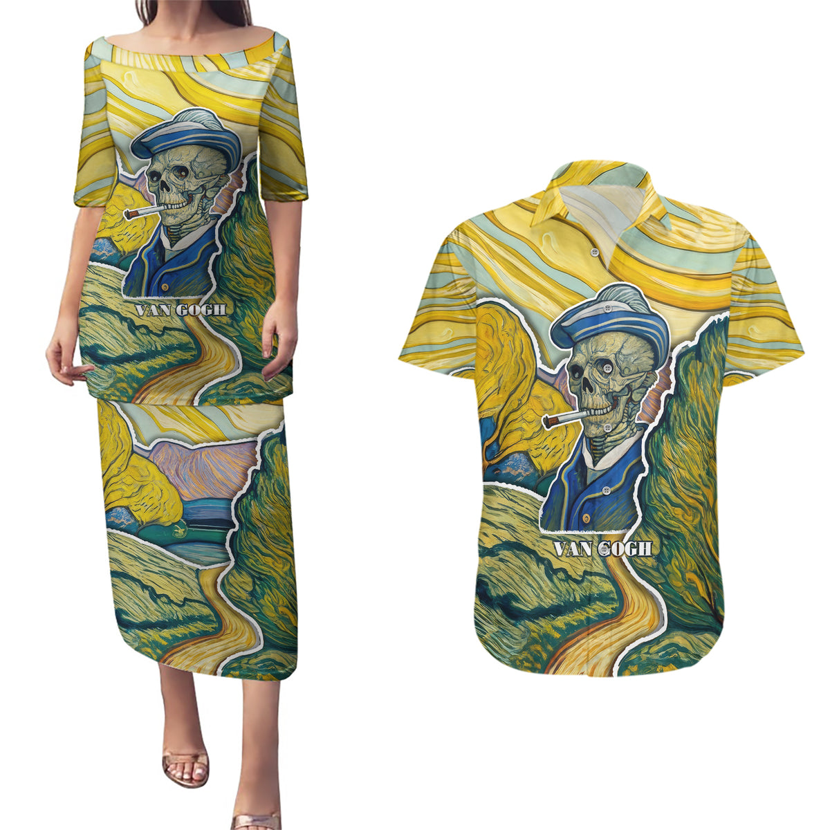 Vincent Van Gogh Skull Couples Matching Puletasi Dress and Hawaiian Shirt - Wonder Print Shop