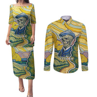 Vincent Van Gogh Skull Couples Matching Puletasi Dress and Long Sleeve Button Shirts - Wonder Print Shop