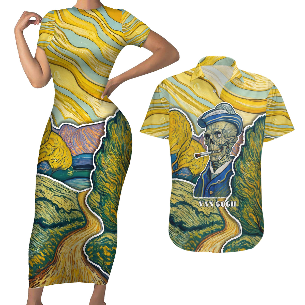 Vincent Van Gogh Skull Couples Matching Short Sleeve Bodycon Dress and Hawaiian Shirt - Wonder Print Shop