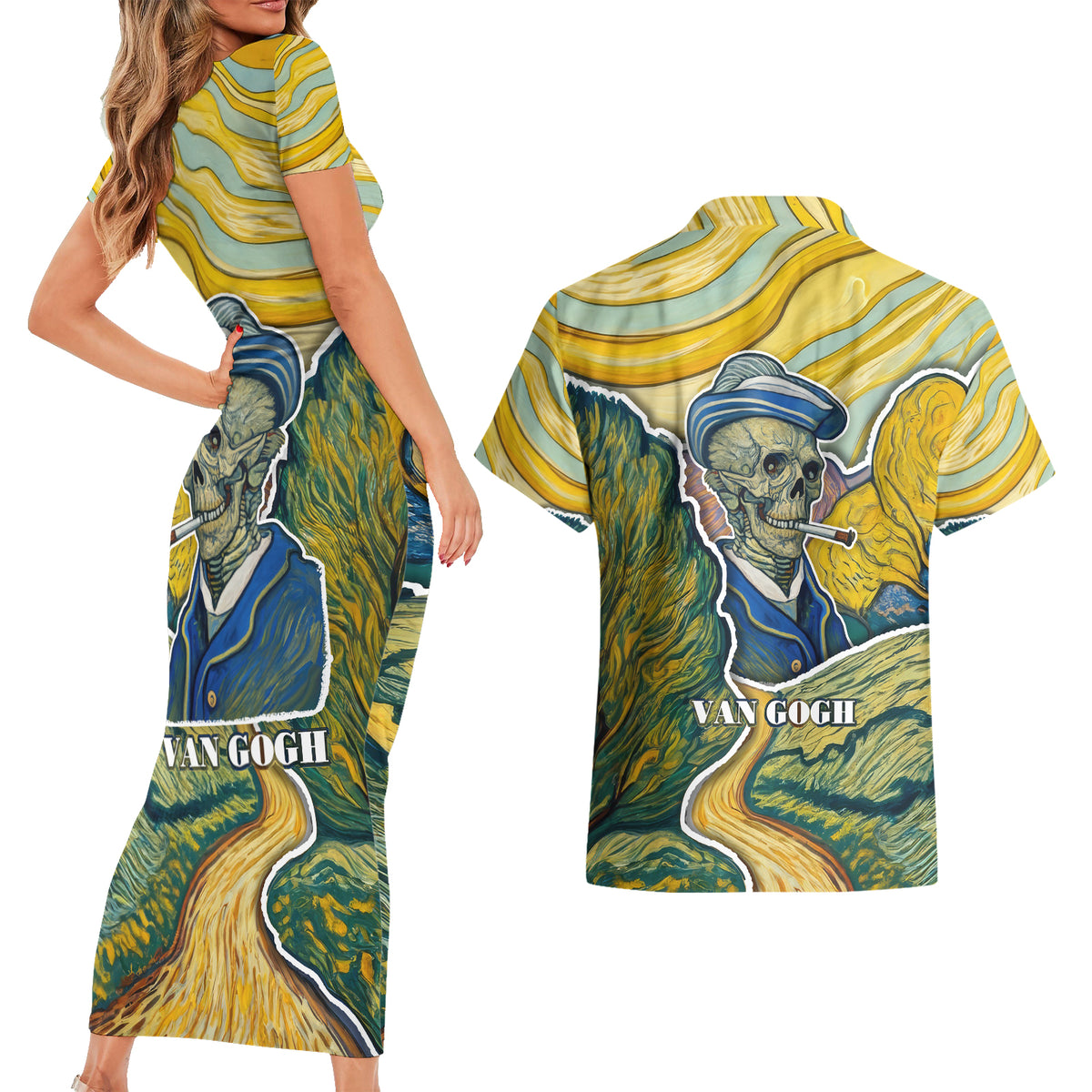 Vincent Van Gogh Skull Couples Matching Short Sleeve Bodycon Dress and Hawaiian Shirt - Wonder Print Shop
