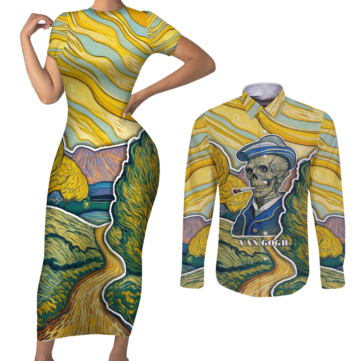 Vincent Van Gogh Skull Couples Matching Short Sleeve Bodycon Dress and Long Sleeve Button Shirts - Wonder Print Shop