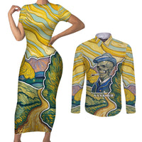 Vincent Van Gogh Skull Couples Matching Short Sleeve Bodycon Dress and Long Sleeve Button Shirts - Wonder Print Shop