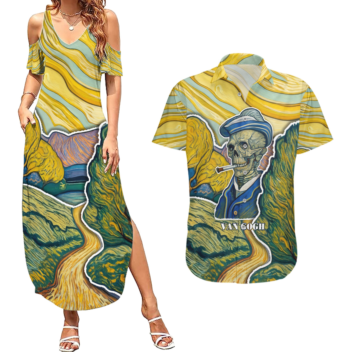 Vincent Van Gogh Skull Couples Matching Summer Maxi Dress and Hawaiian Shirt - Wonder Print Shop