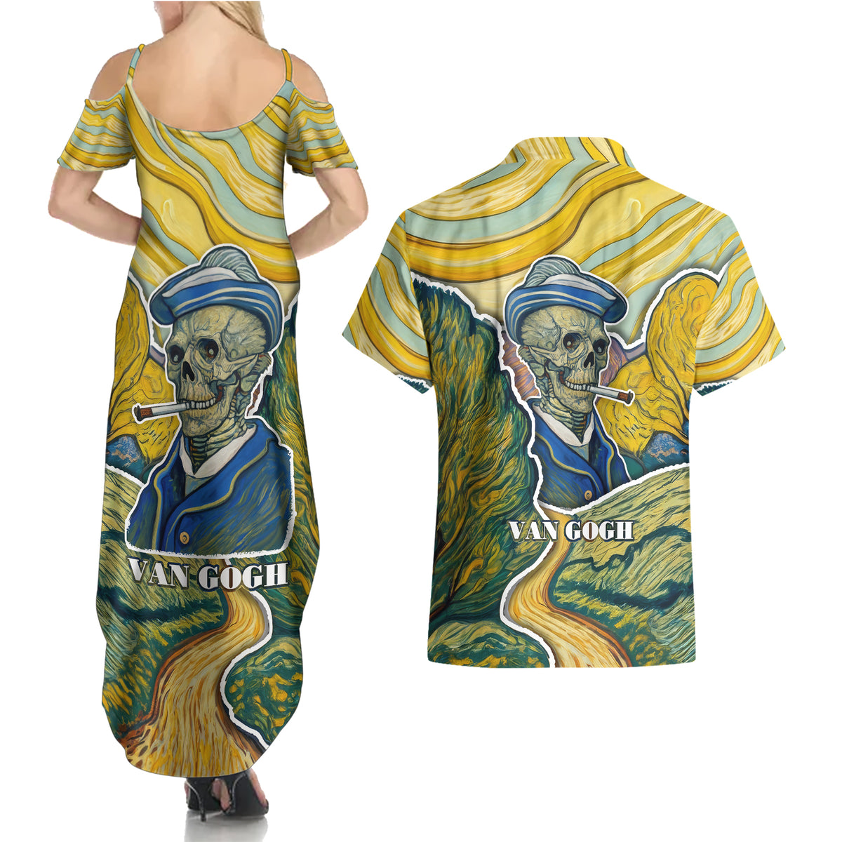 Vincent Van Gogh Skull Couples Matching Summer Maxi Dress and Hawaiian Shirt - Wonder Print Shop