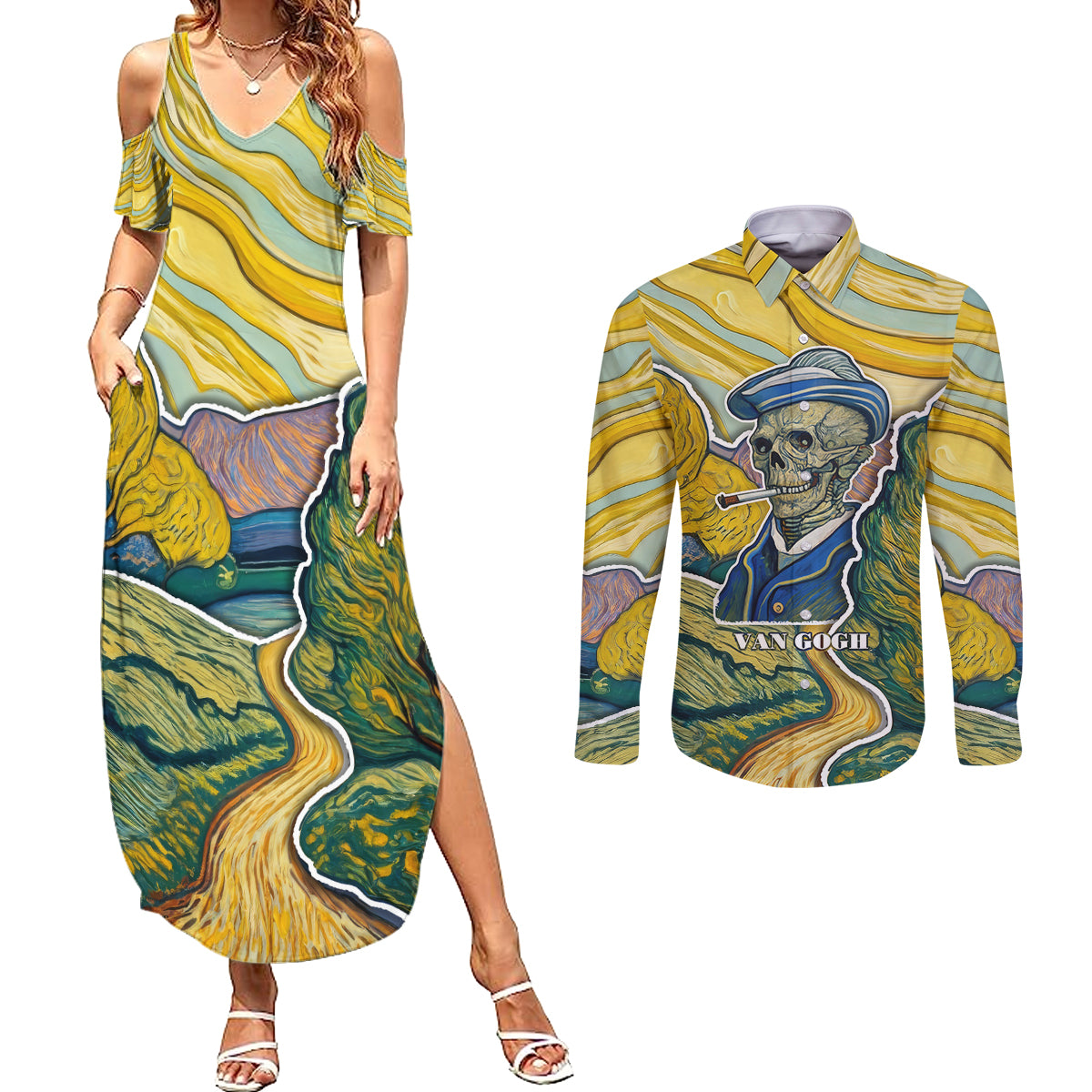 Vincent Van Gogh Skull Couples Matching Summer Maxi Dress and Long Sleeve Button Shirts - Wonder Print Shop