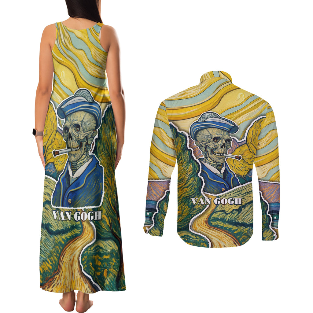 Vincent Van Gogh Skull Couples Matching Tank Maxi Dress and Long Sleeve Button Shirts - Wonder Print Shop