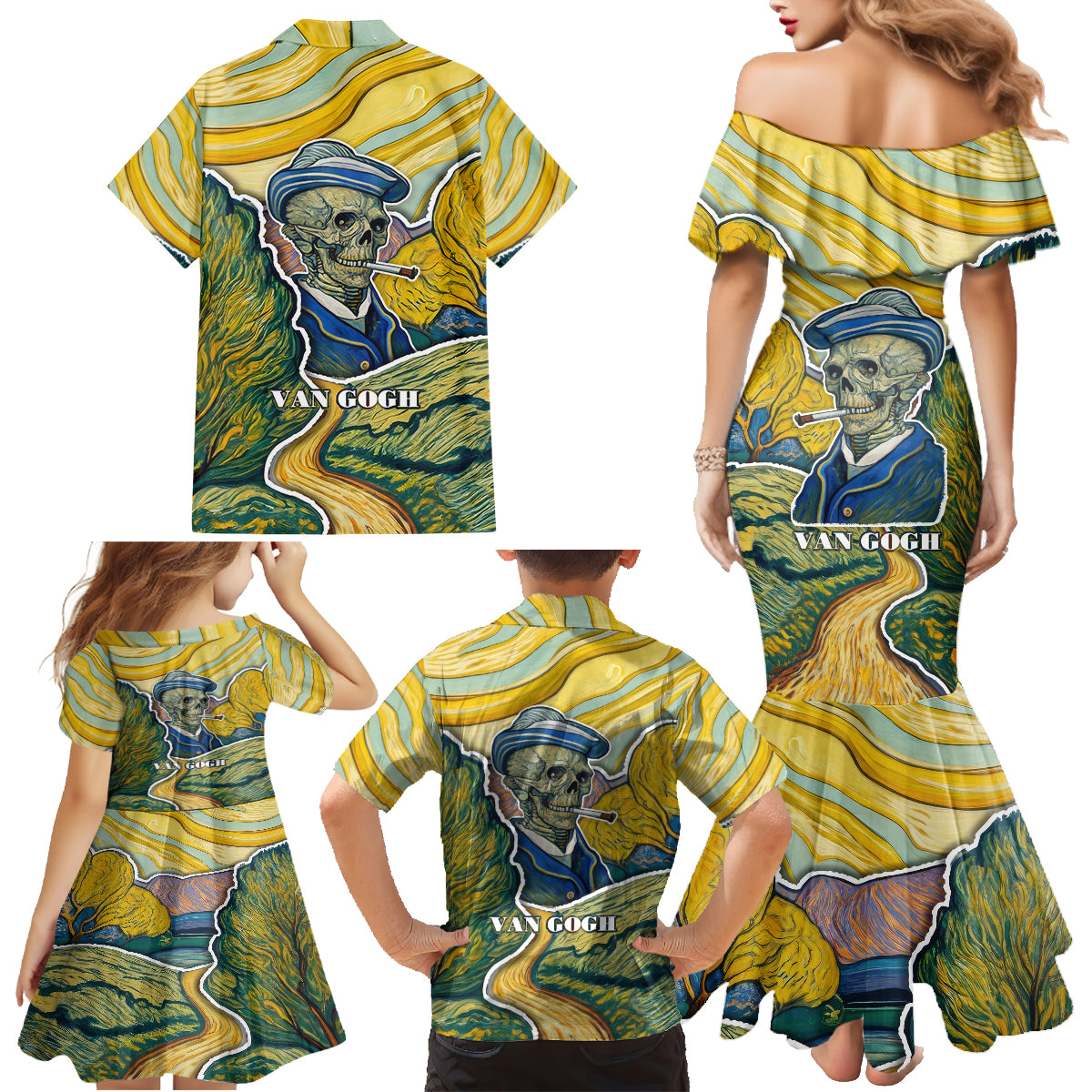 Vincent Van Gogh Skull Family Matching Mermaid Dress and Hawaiian Shirt - Wonder Print Shop