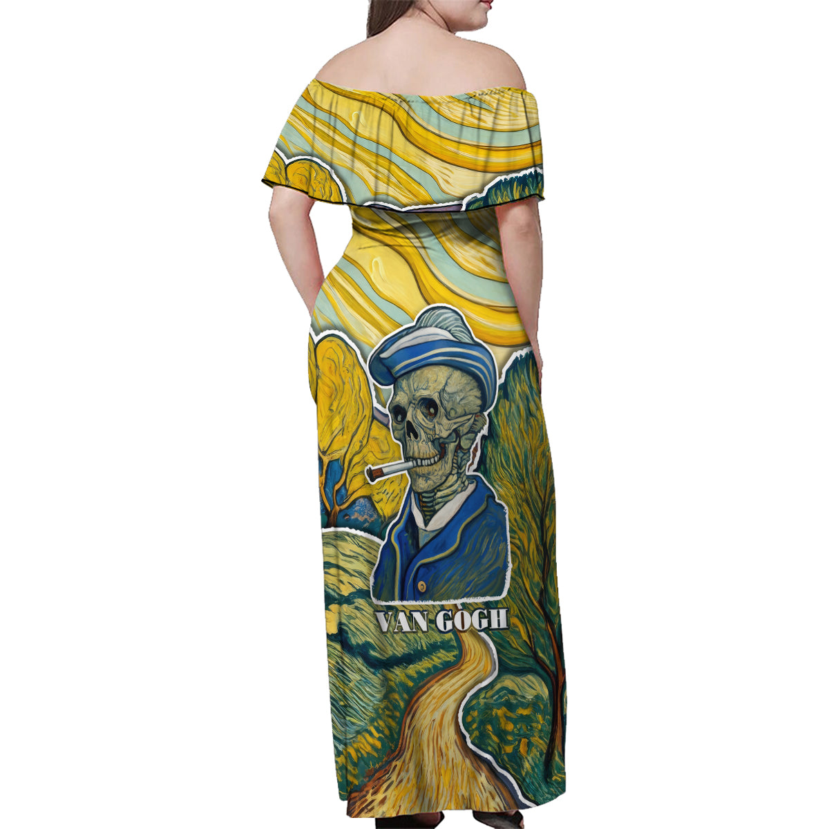 Vincent Van Gogh Skull Family Matching Off Shoulder Maxi Dress and Hawaiian Shirt - Wonder Print Shop