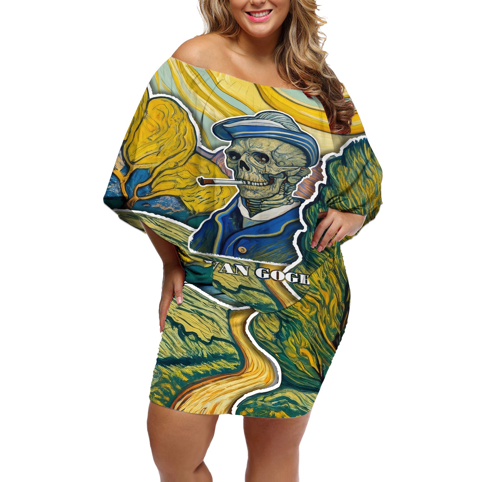 Vincent Van Gogh Skull Off Shoulder Short Dress - Wonder Print Shop