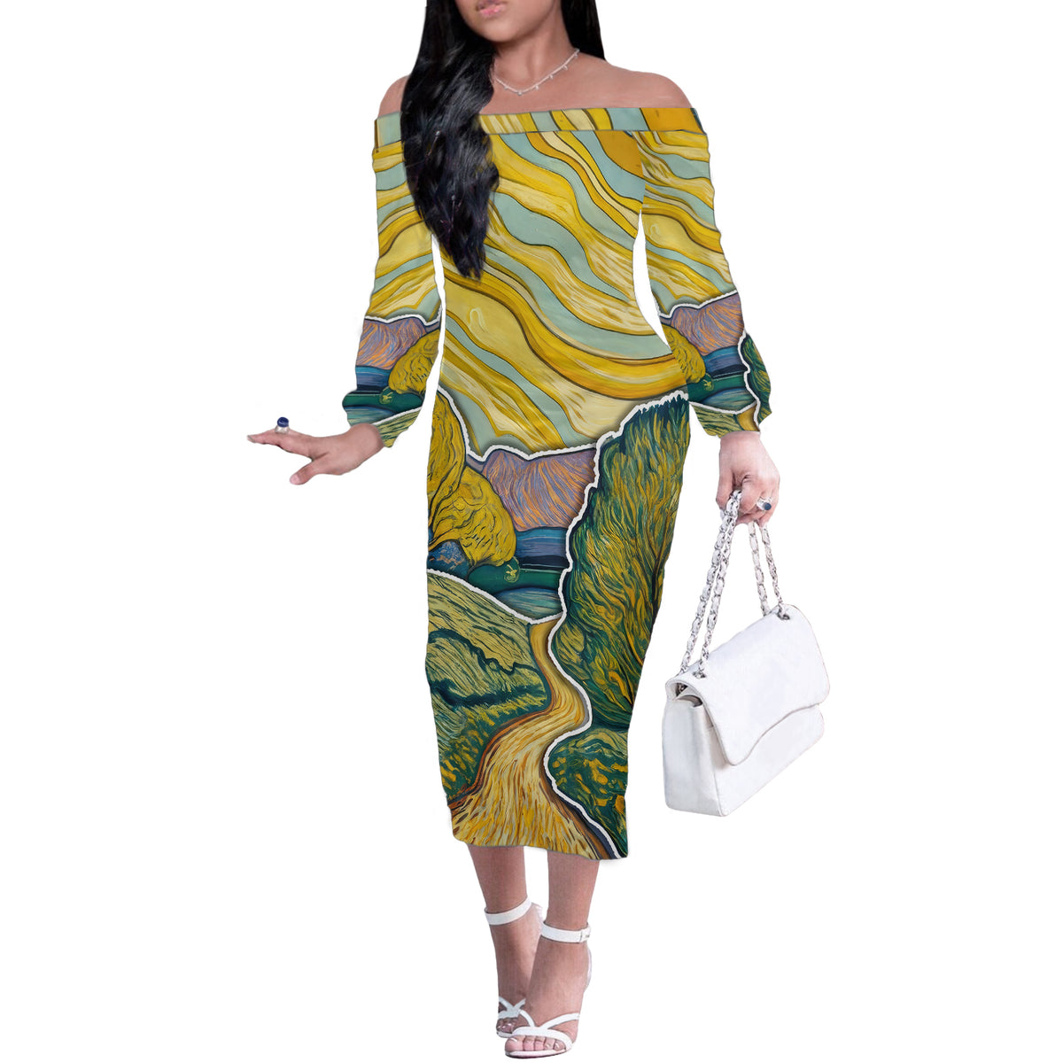 Vincent Van Gogh Skull Off The Shoulder Long Sleeve Dress - Wonder Print Shop