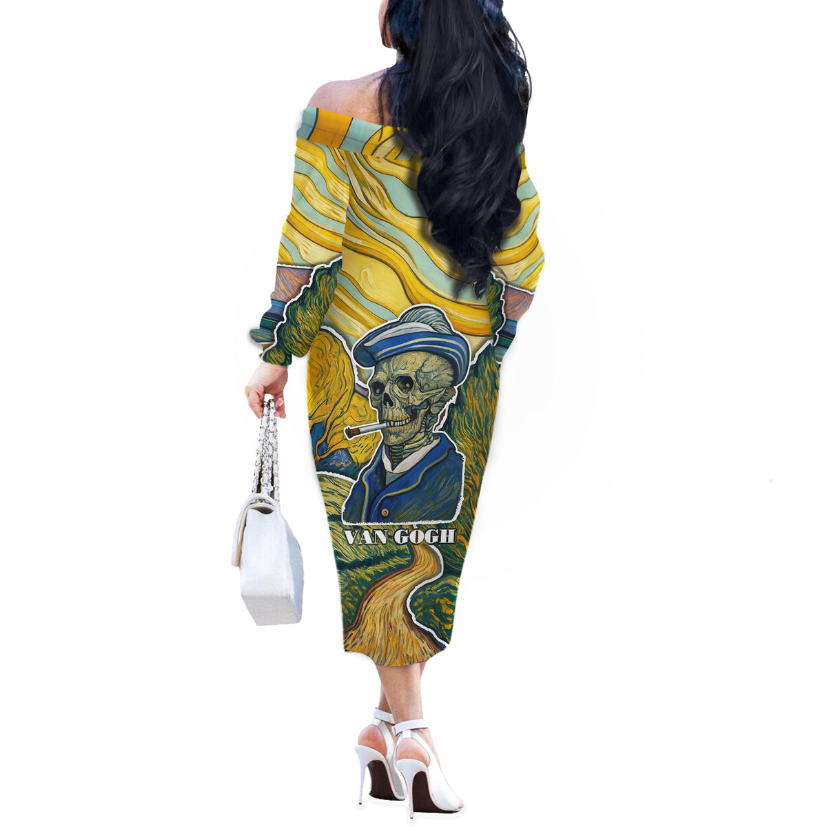 Vincent Van Gogh Skull Off The Shoulder Long Sleeve Dress - Wonder Print Shop