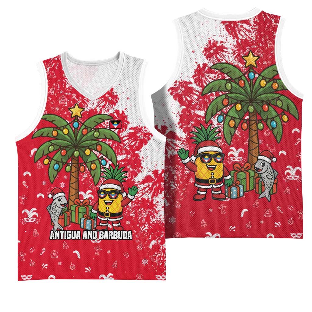 Antigua and Barbuda Christmas Basketball Jersey with Santa Pineapple Palm Tree Parrot and Gift Design - Wonder Print Shop