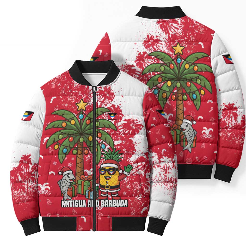 Antigua and Barbuda Christmas Bomber Puffer Jacket with Santa Pineapple Palm Tree Parrot and Gift Design - Wonder Print Shop