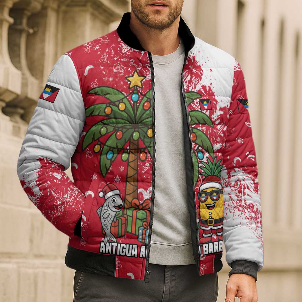 Antigua and Barbuda Christmas Bomber Puffer Jacket with Santa Pineapple Palm Tree Parrot and Gift Design - Wonder Print Shop